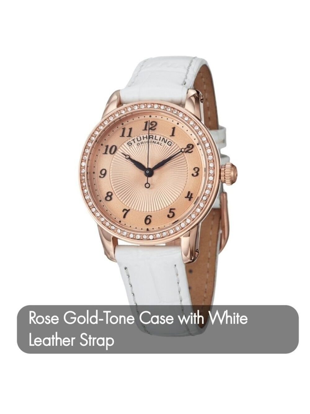 Women's Watch Stührling Ultra Slim 34mm Quartz Rose Gold White Leather Strap NEW